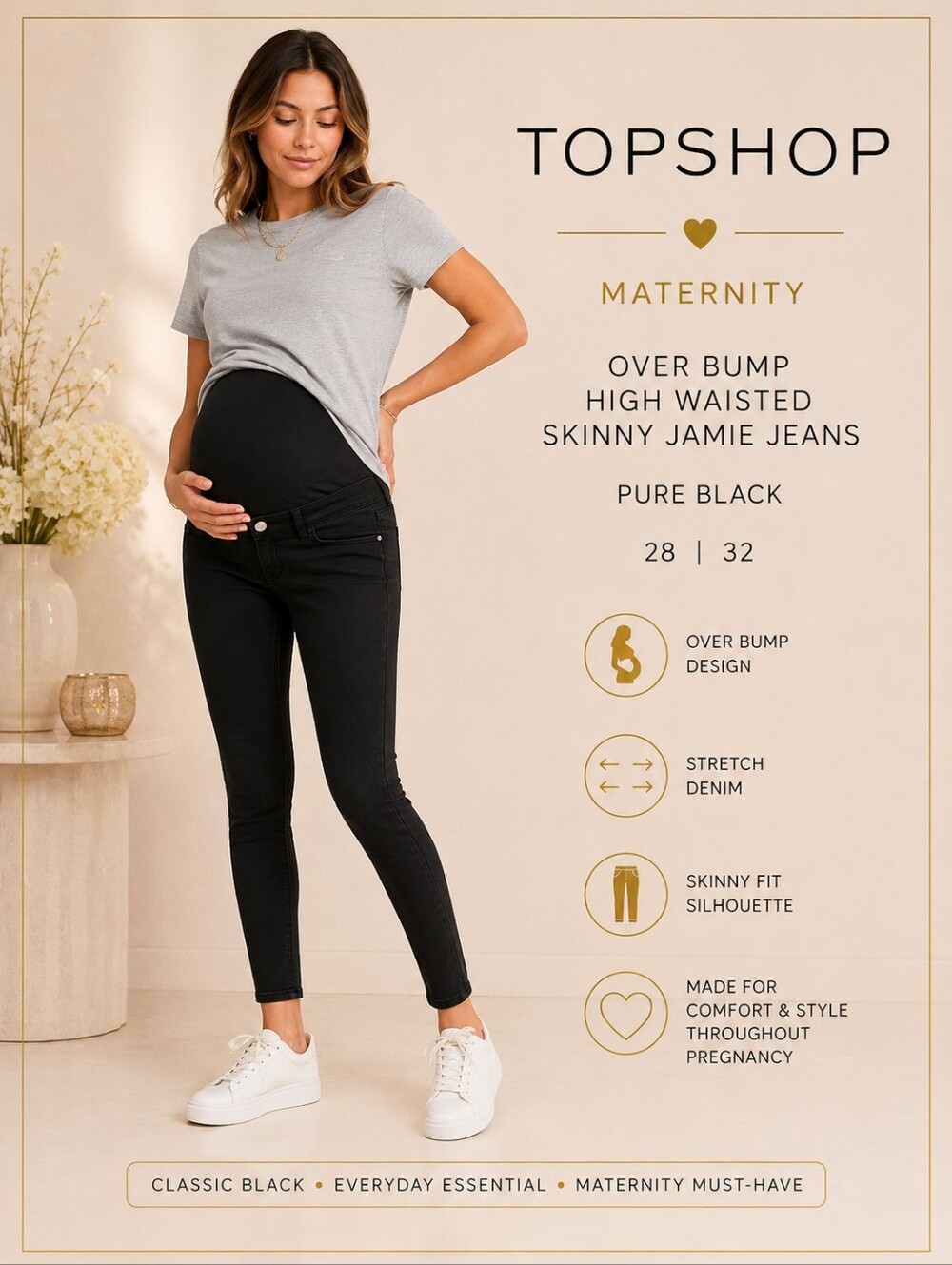 Topshop Maternity Over Bump High Waisted Skinny Jamie Jeans in Pure Black 28 32